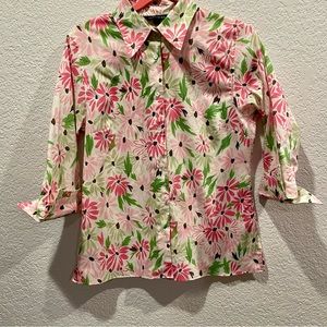 Land’s End Women’s Button Up Lightweight 3/4 Elbow Sleeve Pink Floral top- 10